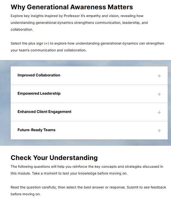 Rise accordion interaction and knowledge check on generational awareness.