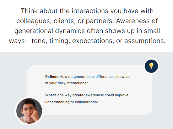 Reflection prompt asking learners how generational differences affect daily interactions.