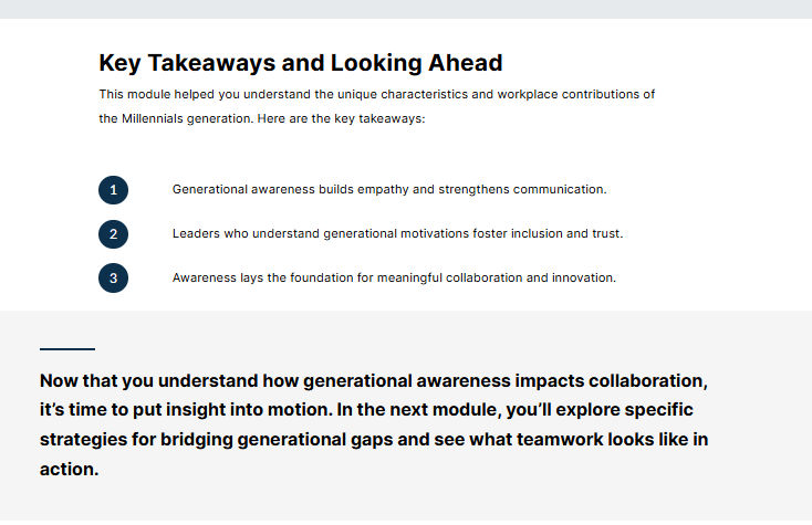 Rise summary screen listing key takeaways about generational awareness, empathy, inclusion, and collaboration.