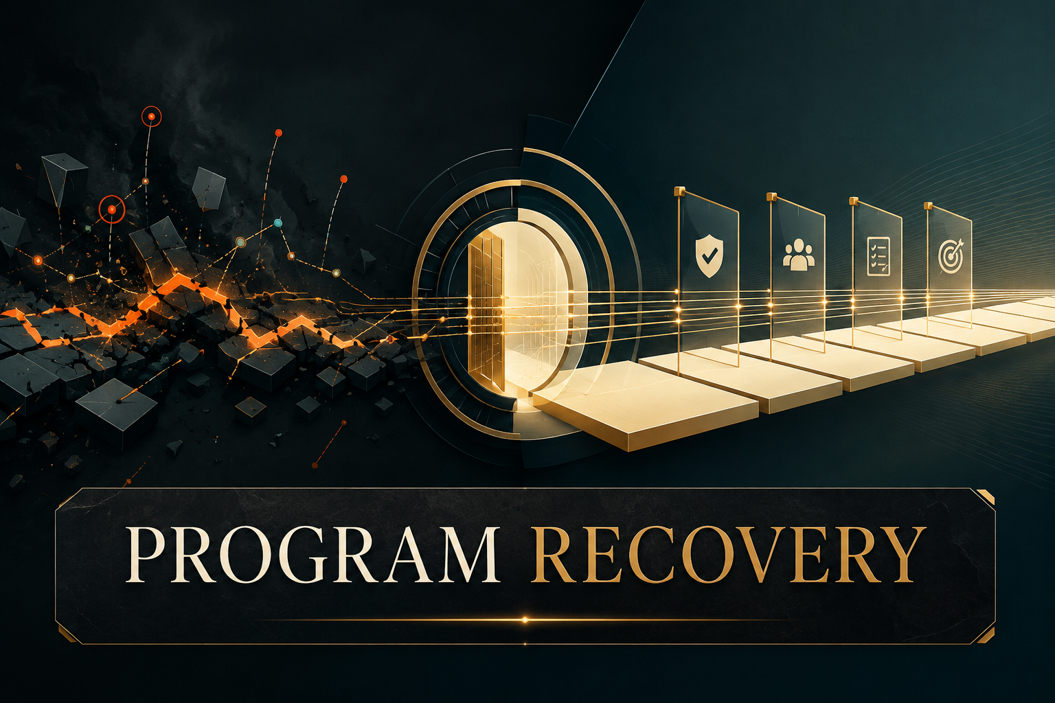 Program recovery pathway transforming fragmented delivery signals into governed milestones, quality controls, and forward progress.